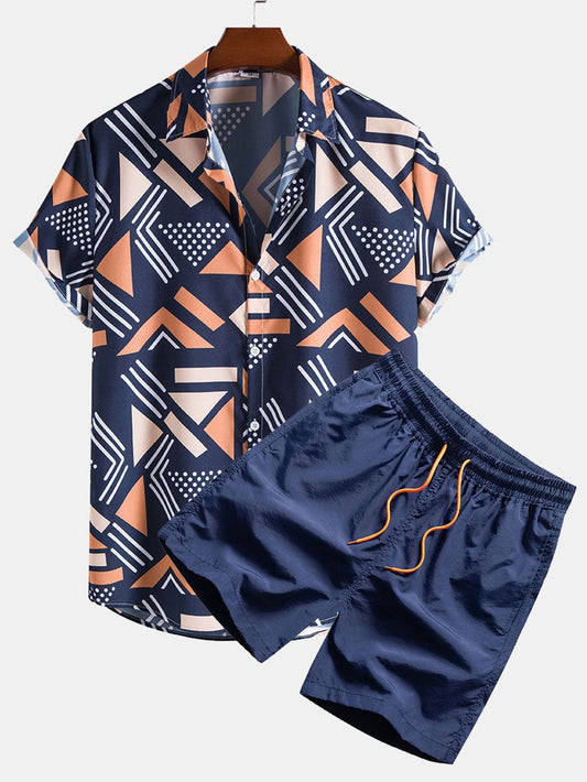 Geometric Pattern Shirt and Swim Shorts Set