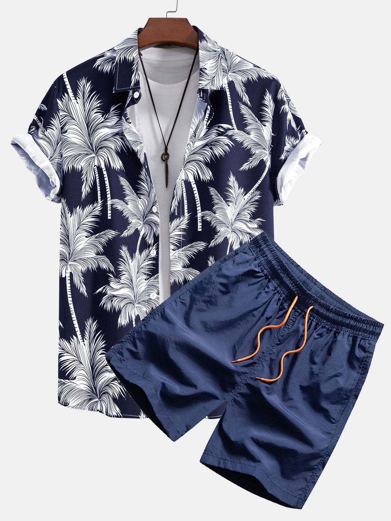Button-Up Shirt and Swim Shorts with Palm Tree Print