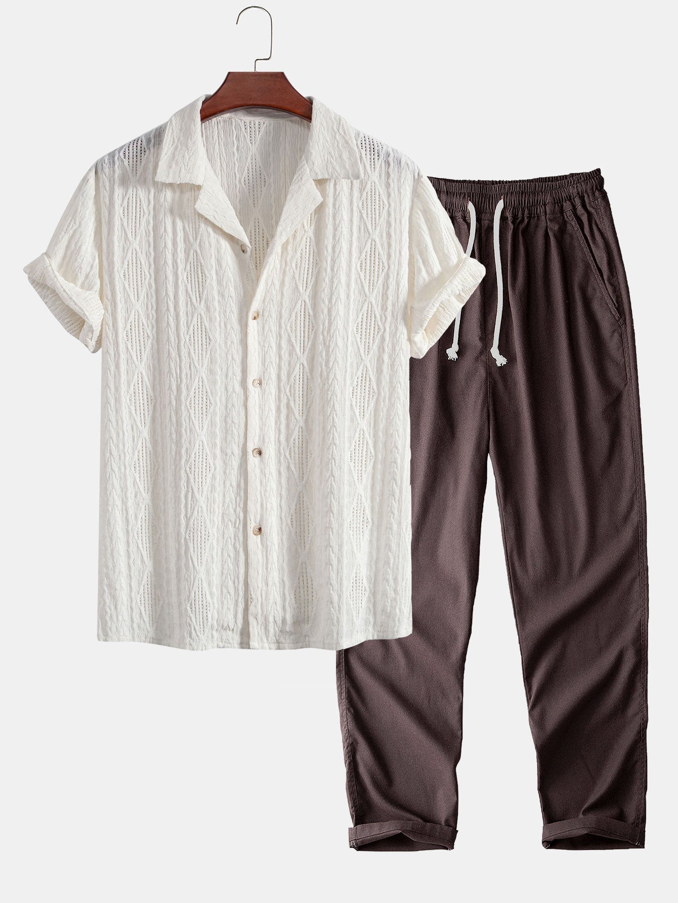 Geometrisch jacquard Cubaans overhemd met rechte linnen broek