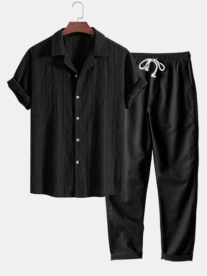 Geometrisch jacquard Cubaans overhemd met rechte linnen broek