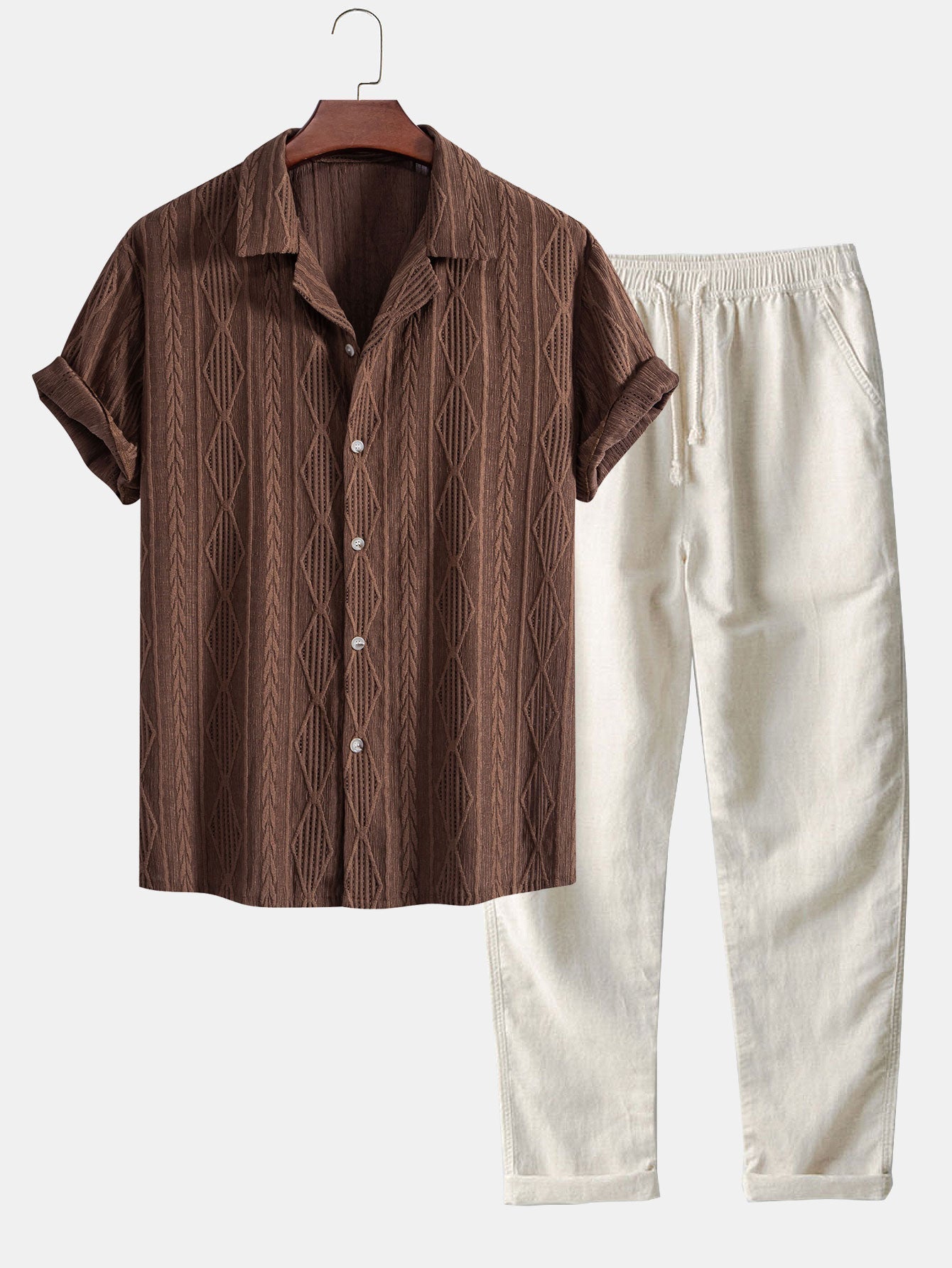 Geometrisch jacquard Cubaans overhemd met rechte linnen broek