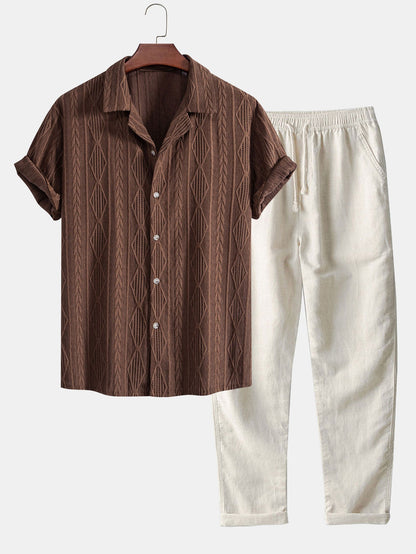 Geometrisch jacquard Cubaans overhemd met rechte linnen broek