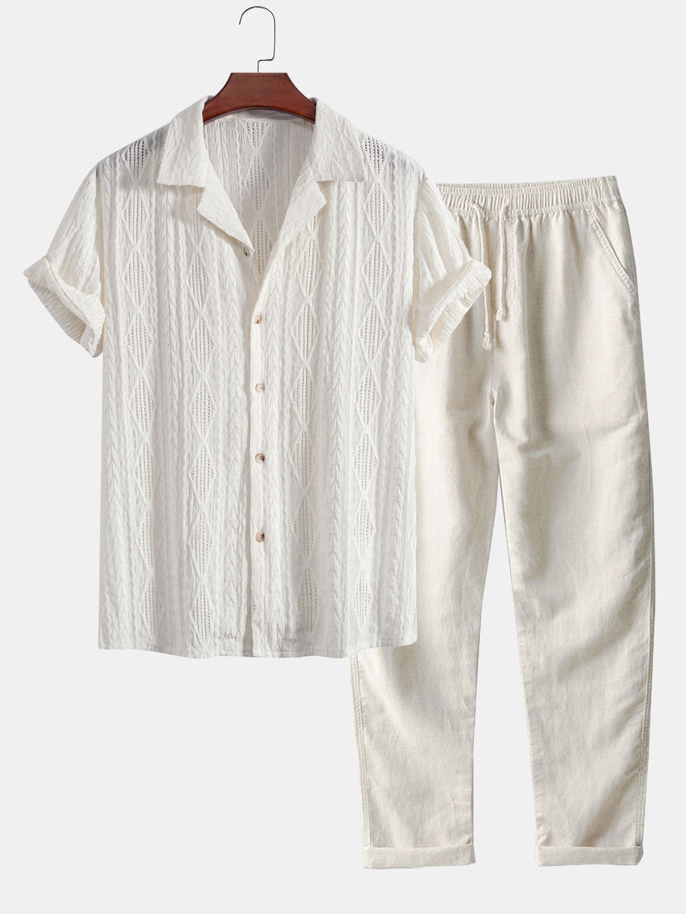 Geometrisch jacquard Cubaans overhemd met rechte linnen broek
