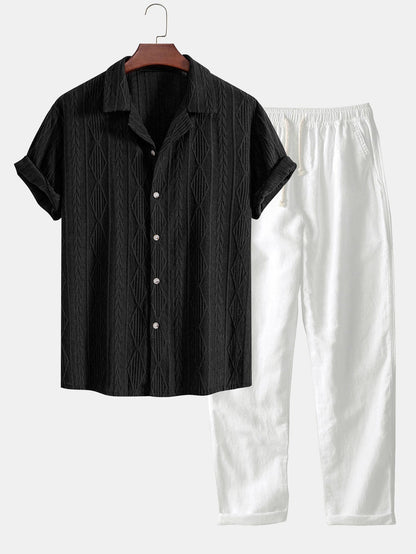 Geometrisch jacquard Cubaans overhemd met rechte linnen broek