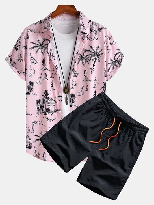 Button-Up Shirt and Swim Shorts Set with Palm Tree Sailboat Print