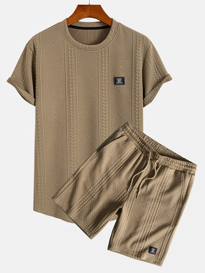 Geometric Jacquard Short Sleeve T-Shirt with Arc Hem & Matching Shorts