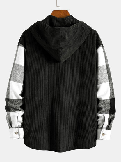Comfortabele geruite flanellen hoodie met corduroy patchwork