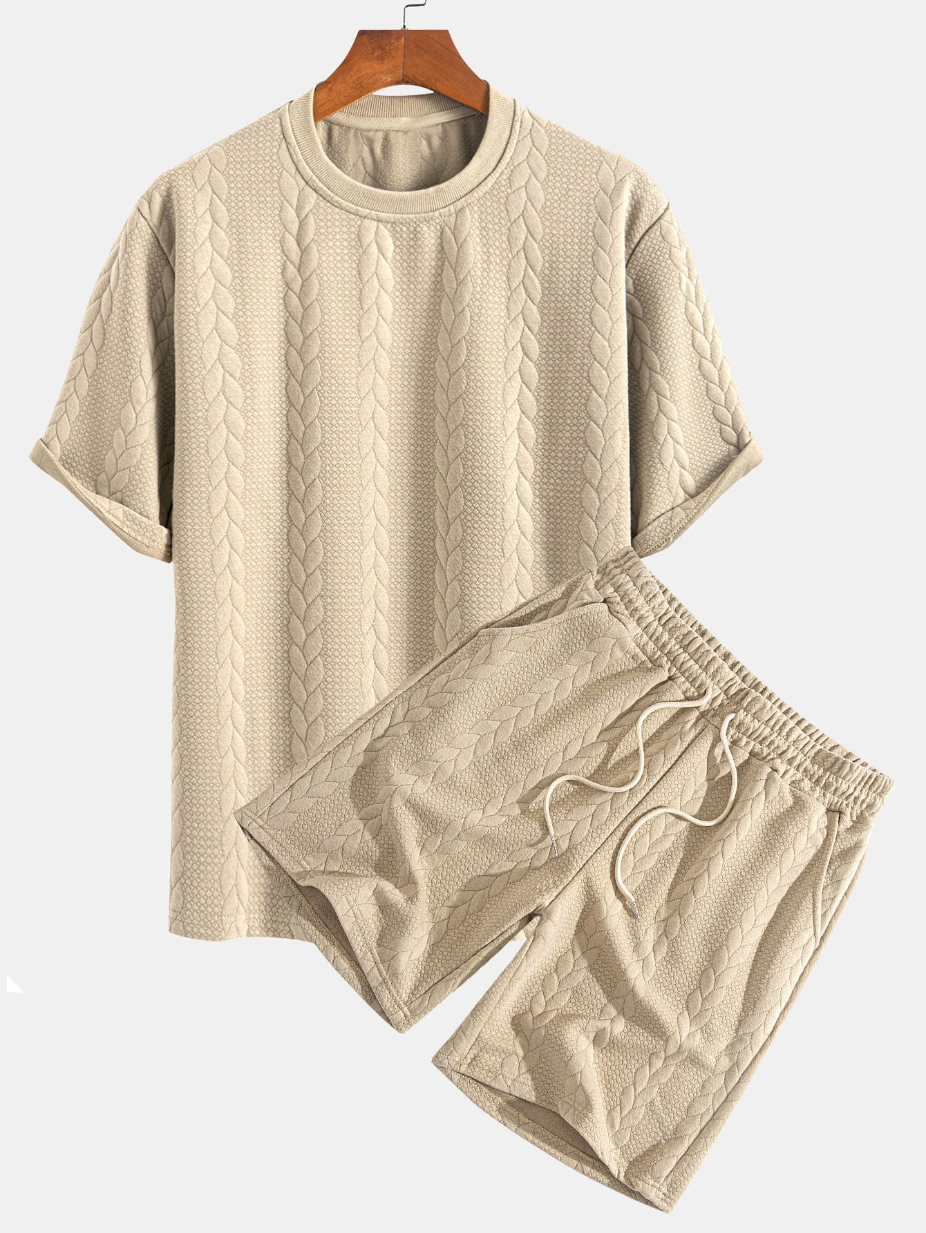 Comfortable Mid-Length Sleeve Twist Jacquard Tee & Shorts Set