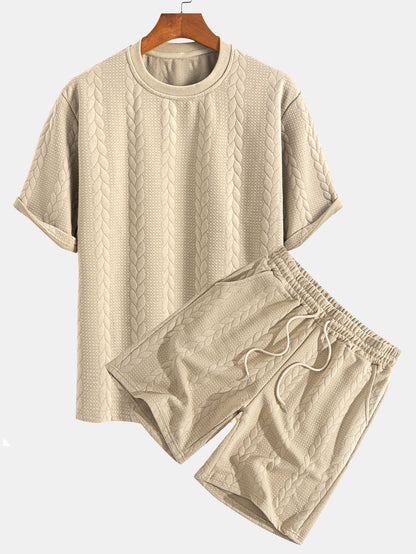 Comfortable Mid-Length Sleeve Twist Jacquard Tee & Shorts Set