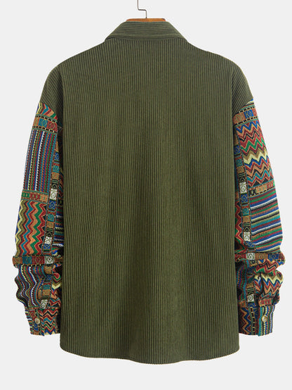 Relaxed Fit Etnisch Geometrisch Corduroy Patchwork Shirt - Uniek willekeurig patroonontwerp