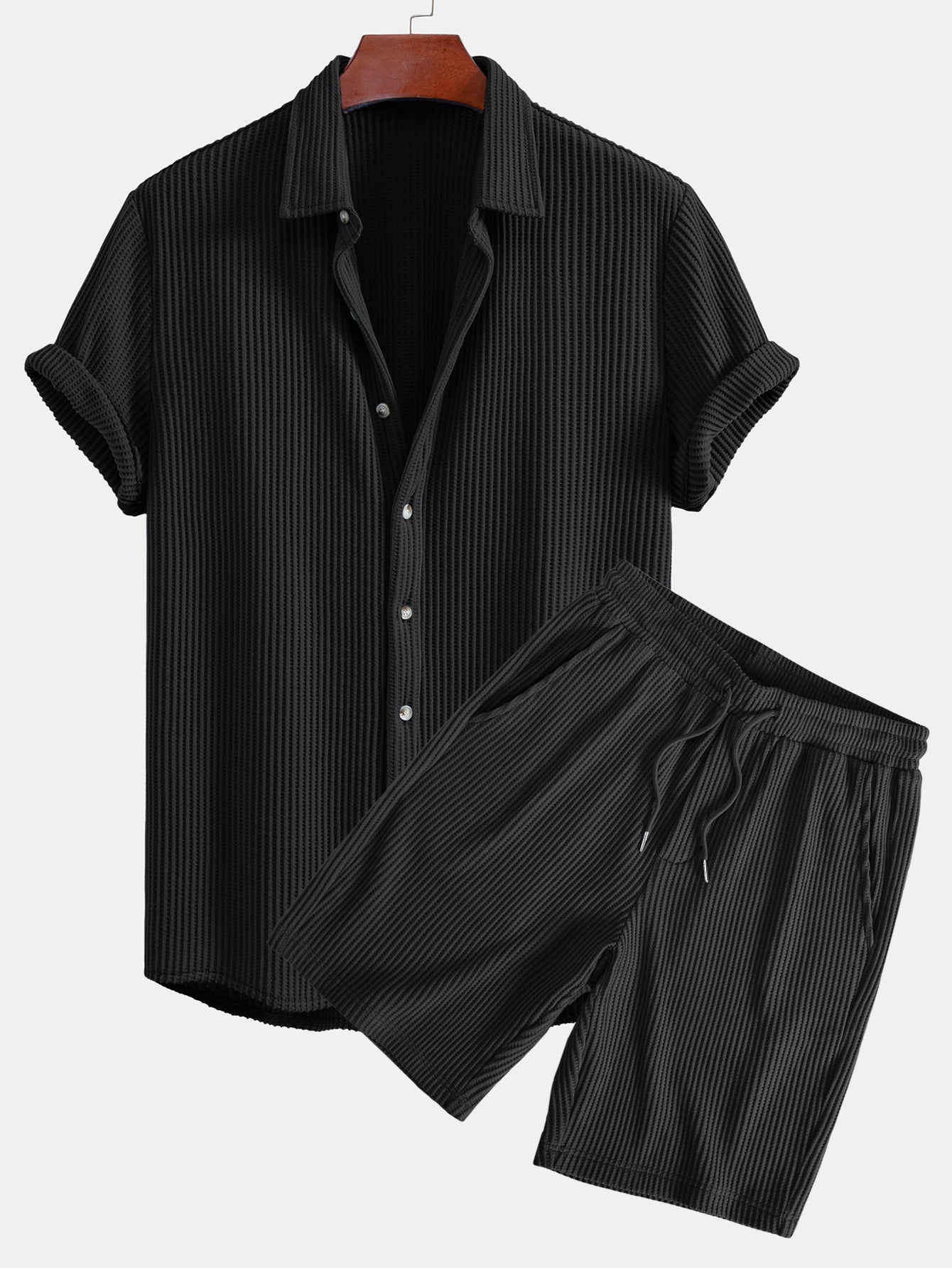Waffle Knit Button-Up Shirt & Drawstring Waffle Shorts Set