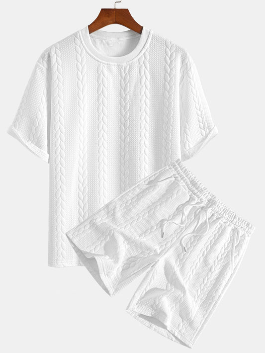 Comfortable Mid-Length Sleeve Twist Jacquard Tee & Shorts Set