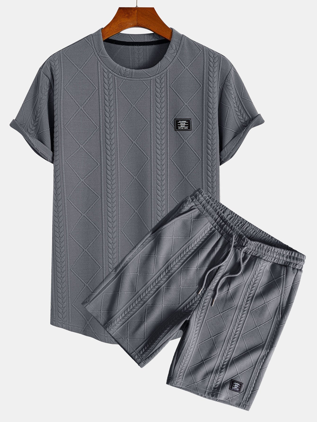 Geometric Jacquard Short Sleeve T-Shirt with Arc Hem & Matching Shorts