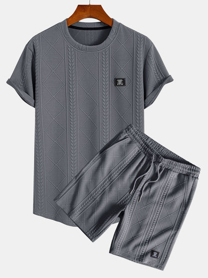 Geometric Jacquard Short Sleeve T-Shirt with Arc Hem & Matching Shorts