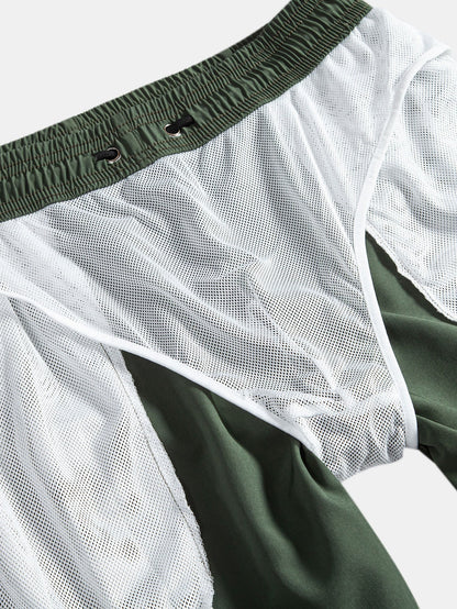 Hawaiiaans katoenen overhemd met palmbomenprint en bijpassende zwembroek.