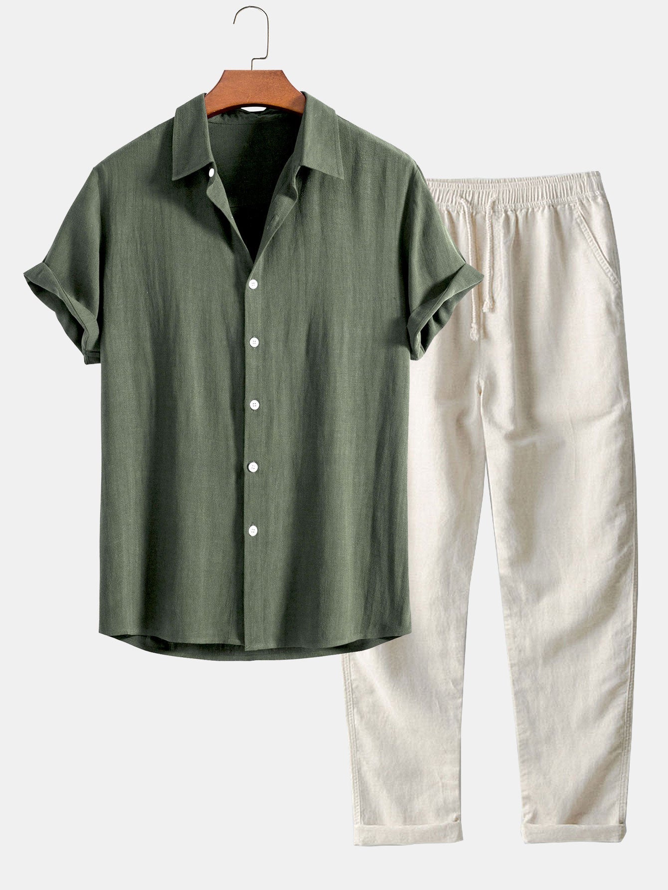Linen-Rayon Blend Button-Up Shirt with Straight-Leg Linen Trousers