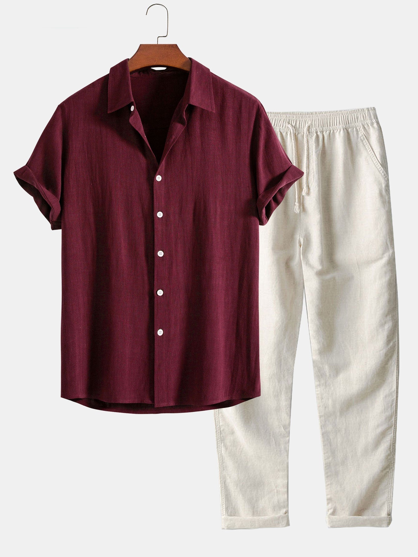 Linen-Rayon Blend Button-Up Shirt with Straight-Leg Linen Trousers