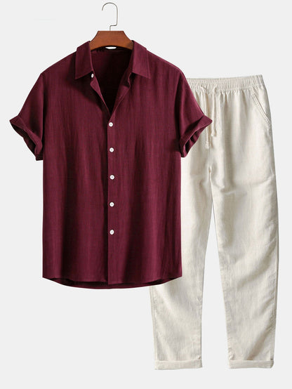 Linen-Rayon Blend Button-Up Shirt with Straight-Leg Linen Trousers