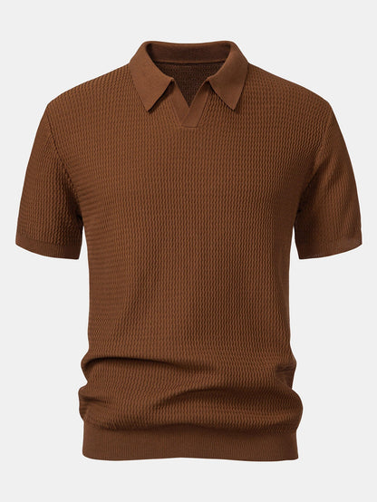 V-Neck Polo Shirt with Wave Jacquard Knit