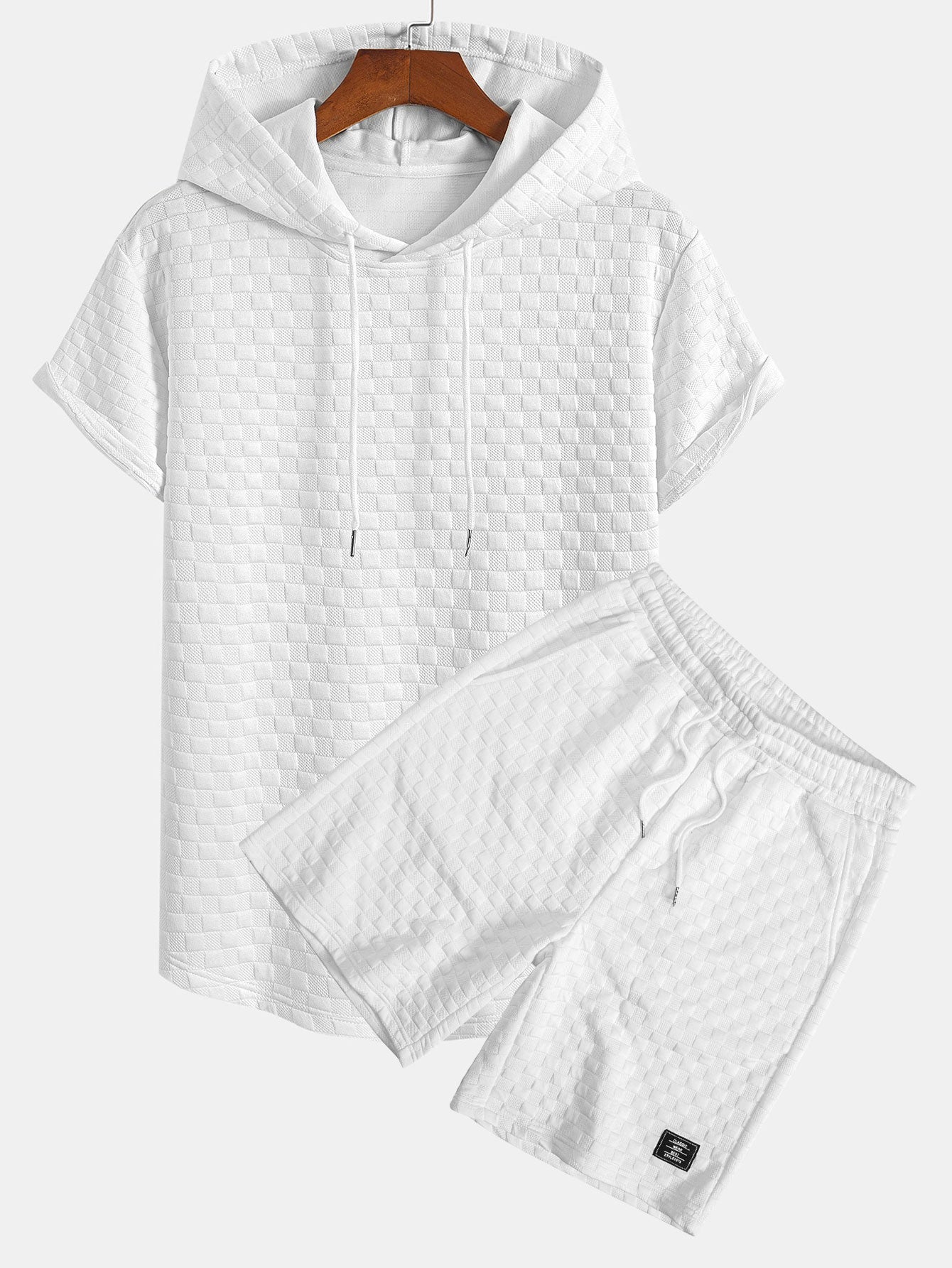 Checkerboard Jacquard Hooded T-Shirt with Arc Hem & Matching Shorts