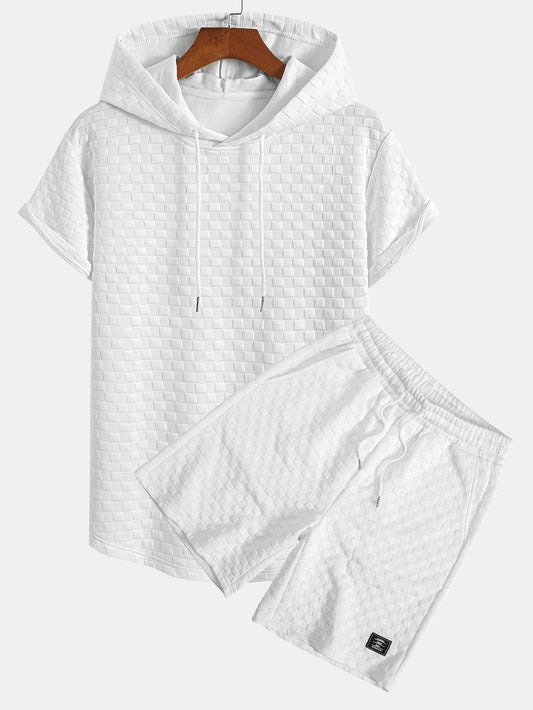 Checkerboard Jacquard Hooded T-Shirt with Arc Hem & Matching Shorts