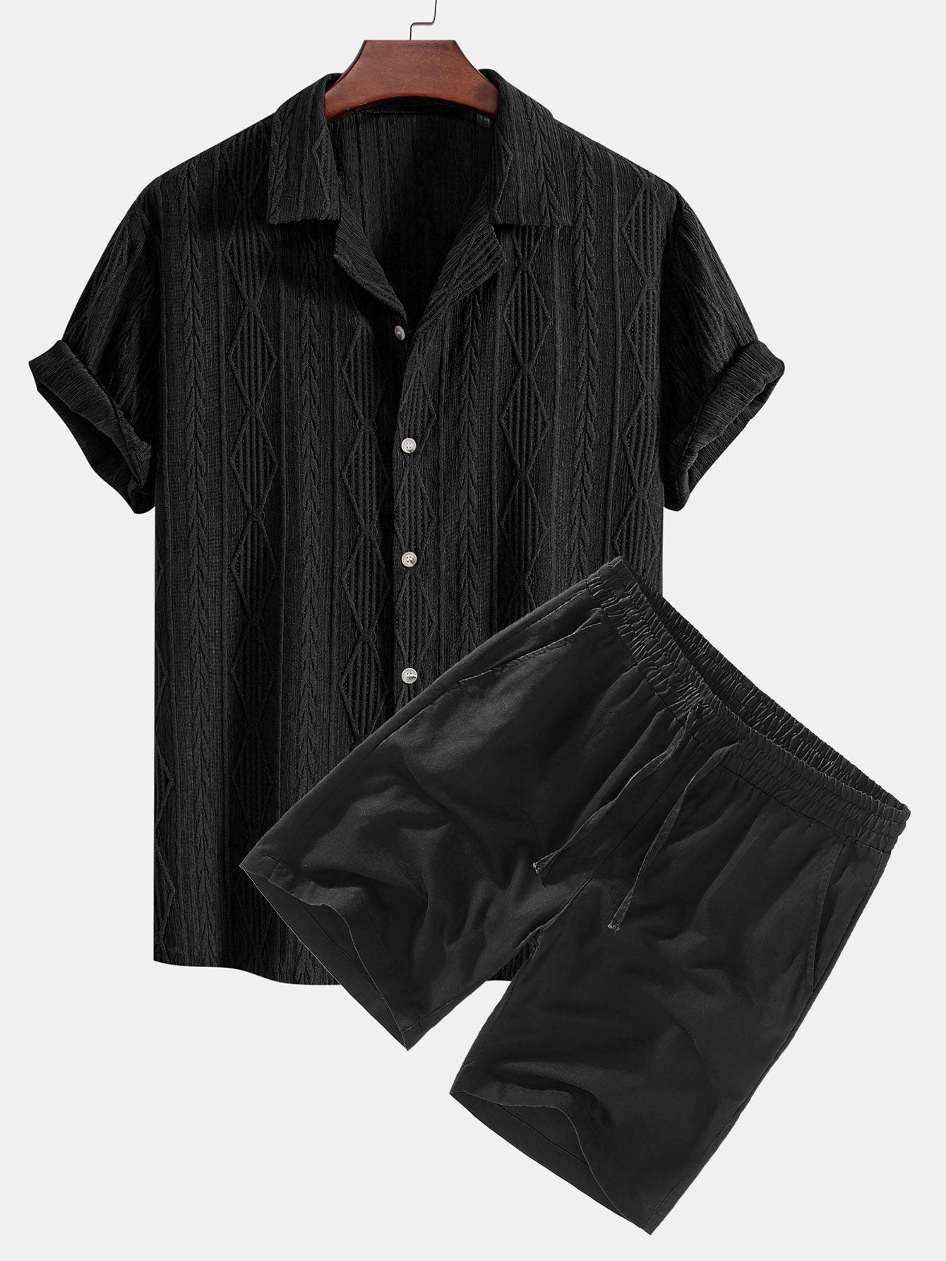 Geometrisch jacquard Cubaans overhemd met linnen shorts met trekkoord