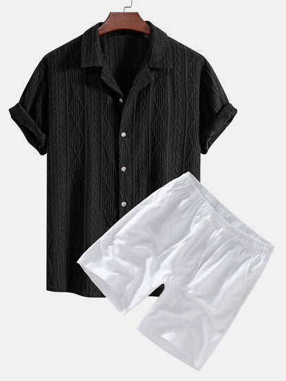 Geometrisch jacquard Cubaans overhemd met linnen shorts met trekkoord