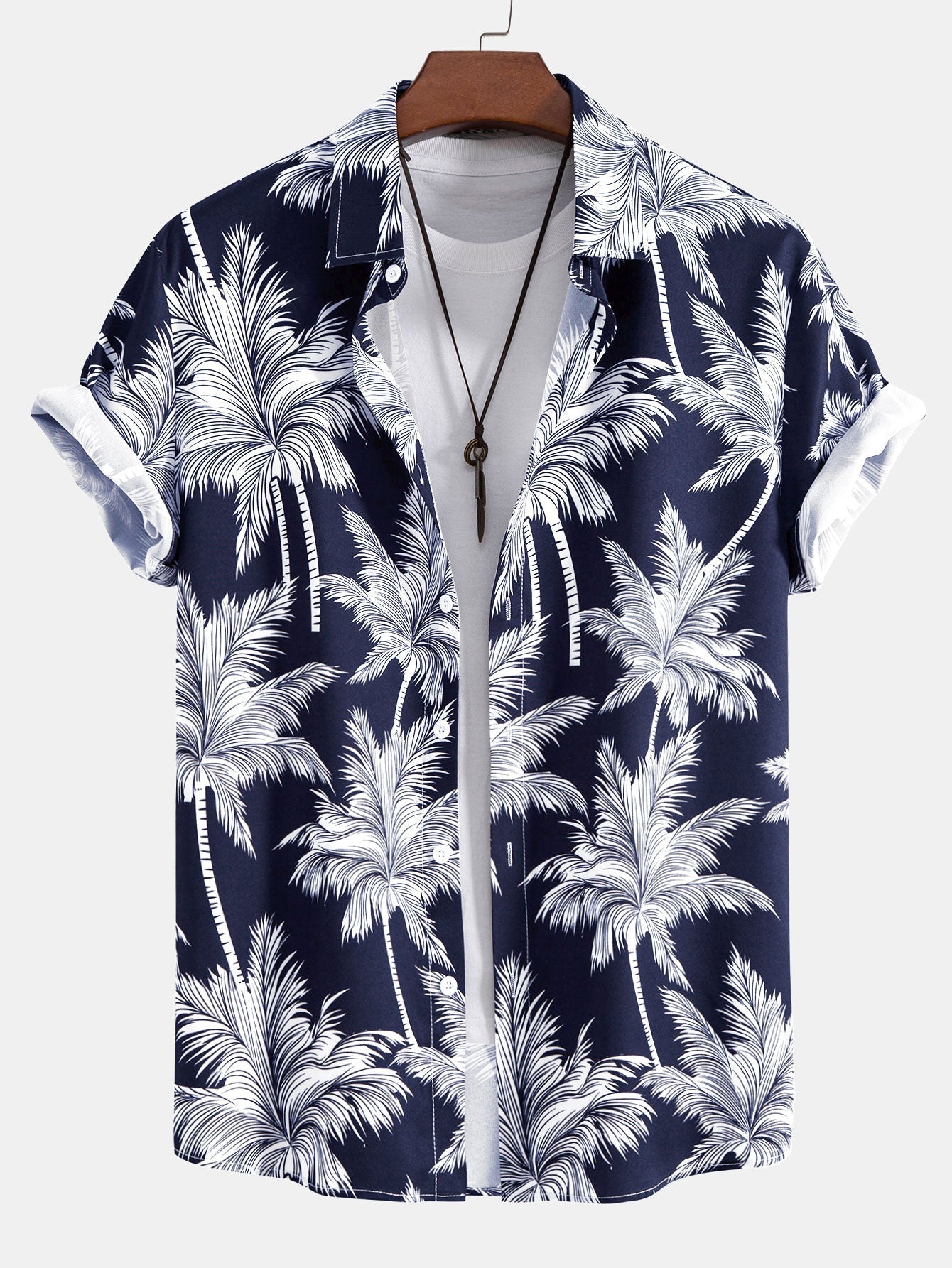 Button-Up Shirt and Swim Shorts with Palm Tree Print