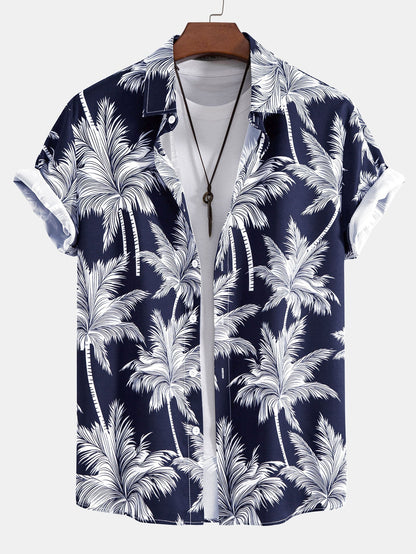 Button-Up Shirt and Swim Shorts with Palm Tree Print
