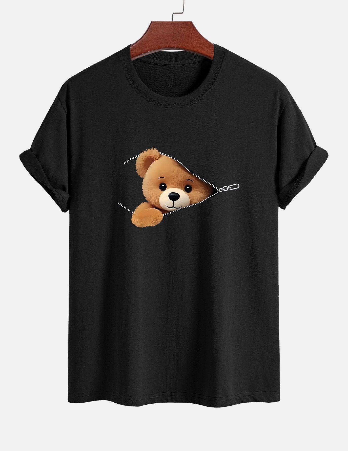 Klassiek katoenen T-shirt met ritssluiting en berenprint.