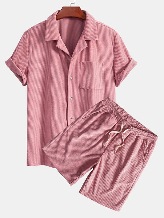 Corduroy Cubaans overhemd en shortset met korte mouwen