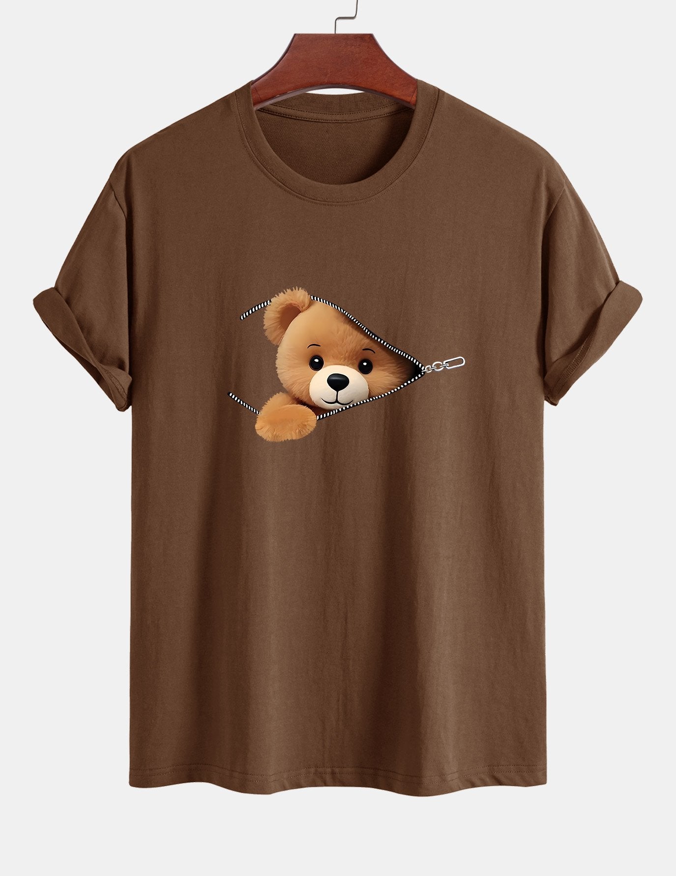 Klassiek katoenen T-shirt met ritssluiting en berenprint.