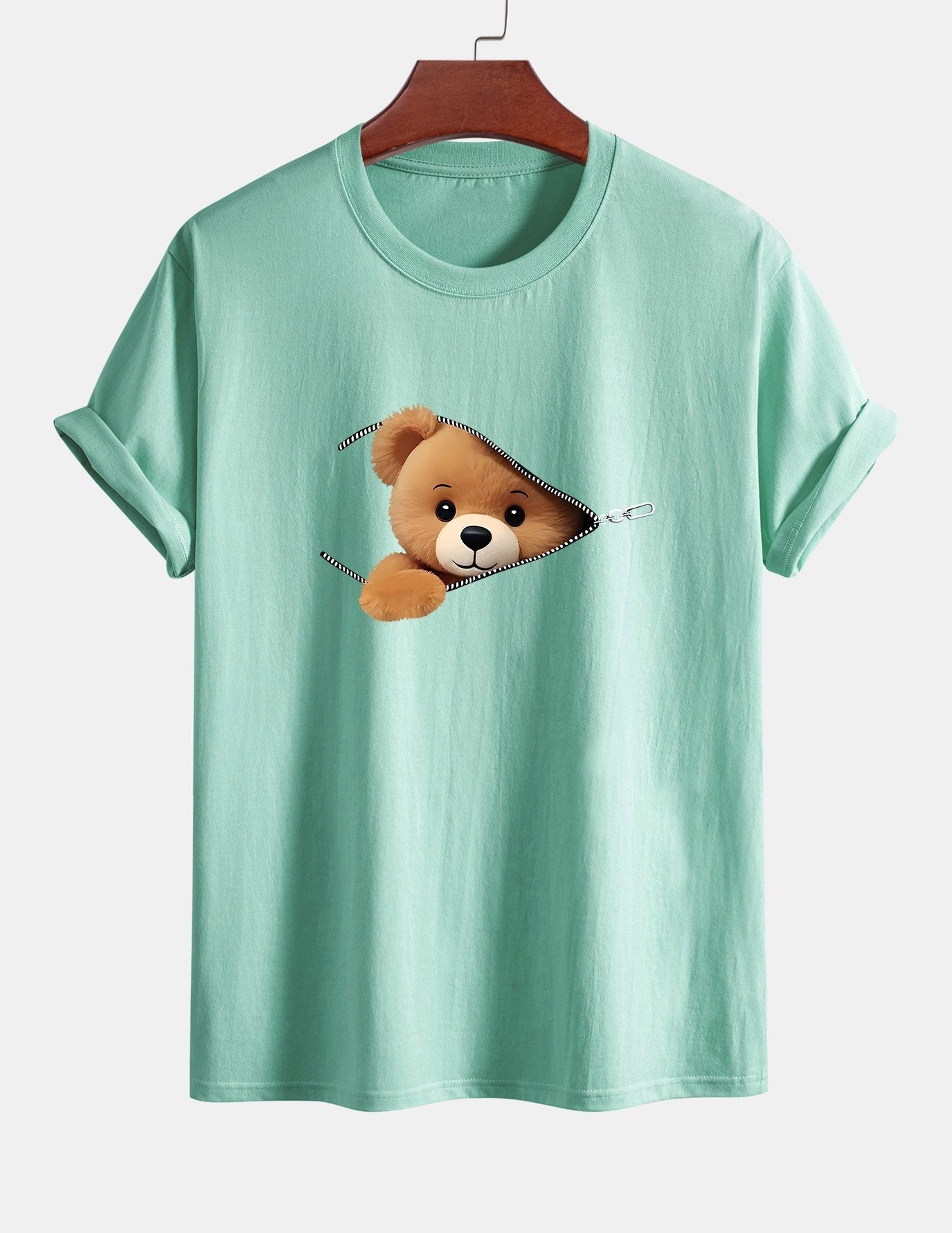 Klassiek katoenen T-shirt met ritssluiting en berenprint.