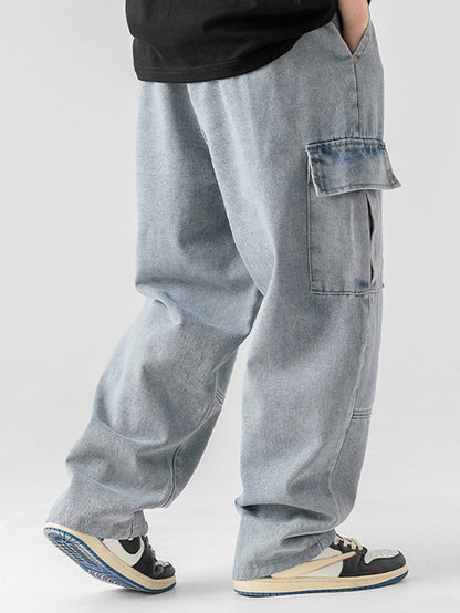 Relaxed Fit Straight Leg Cargo Jeans with Elastic Waist