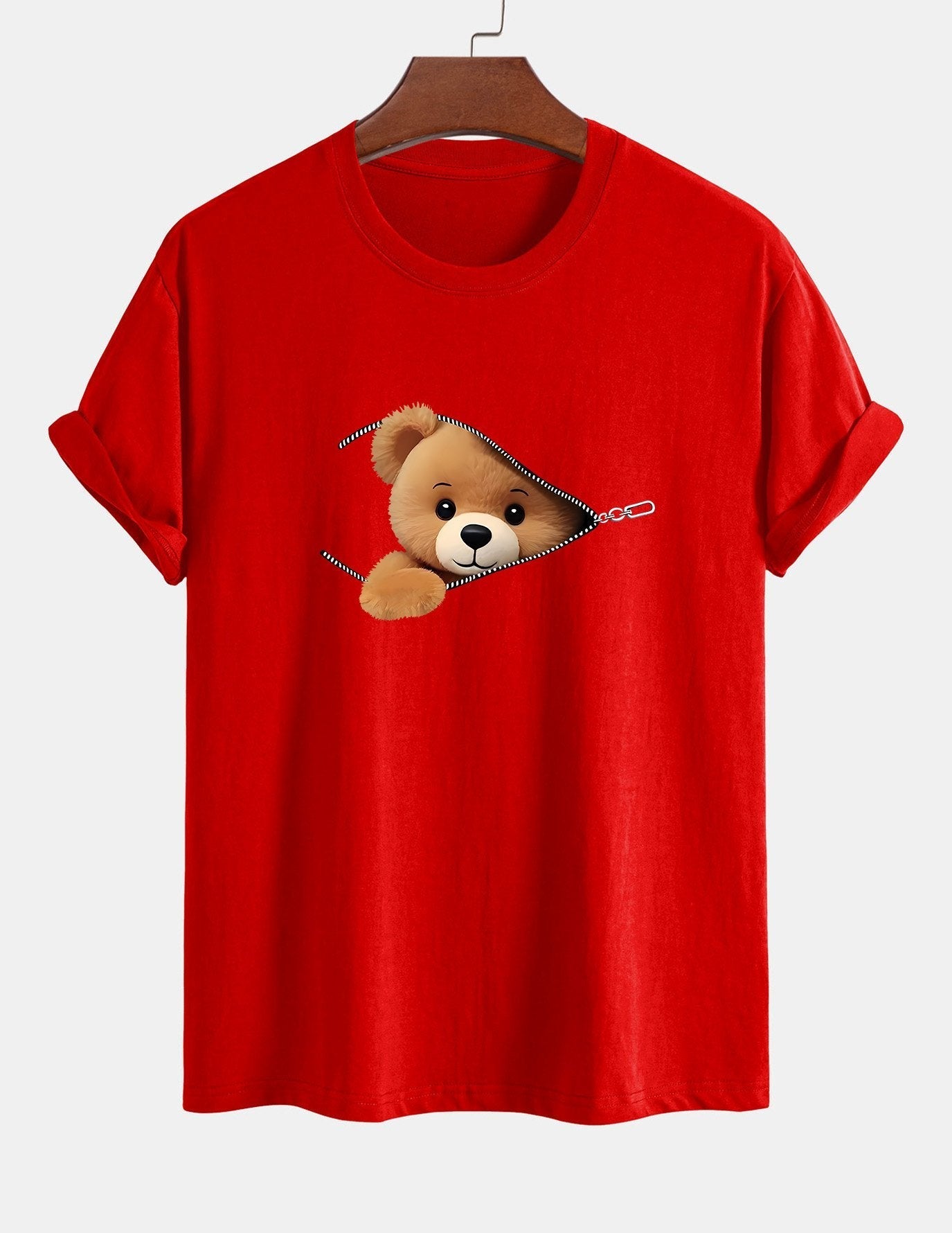Klassiek katoenen T-shirt met ritssluiting en berenprint.