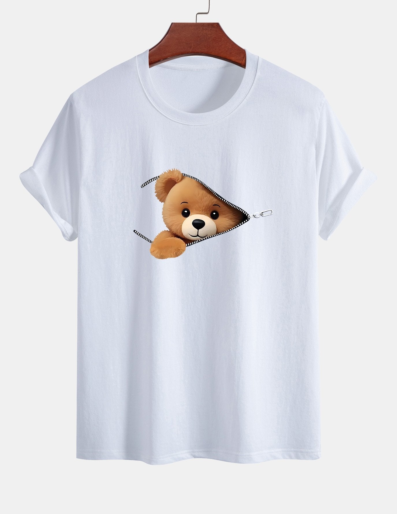 Klassiek katoenen T-shirt met ritssluiting en berenprint.