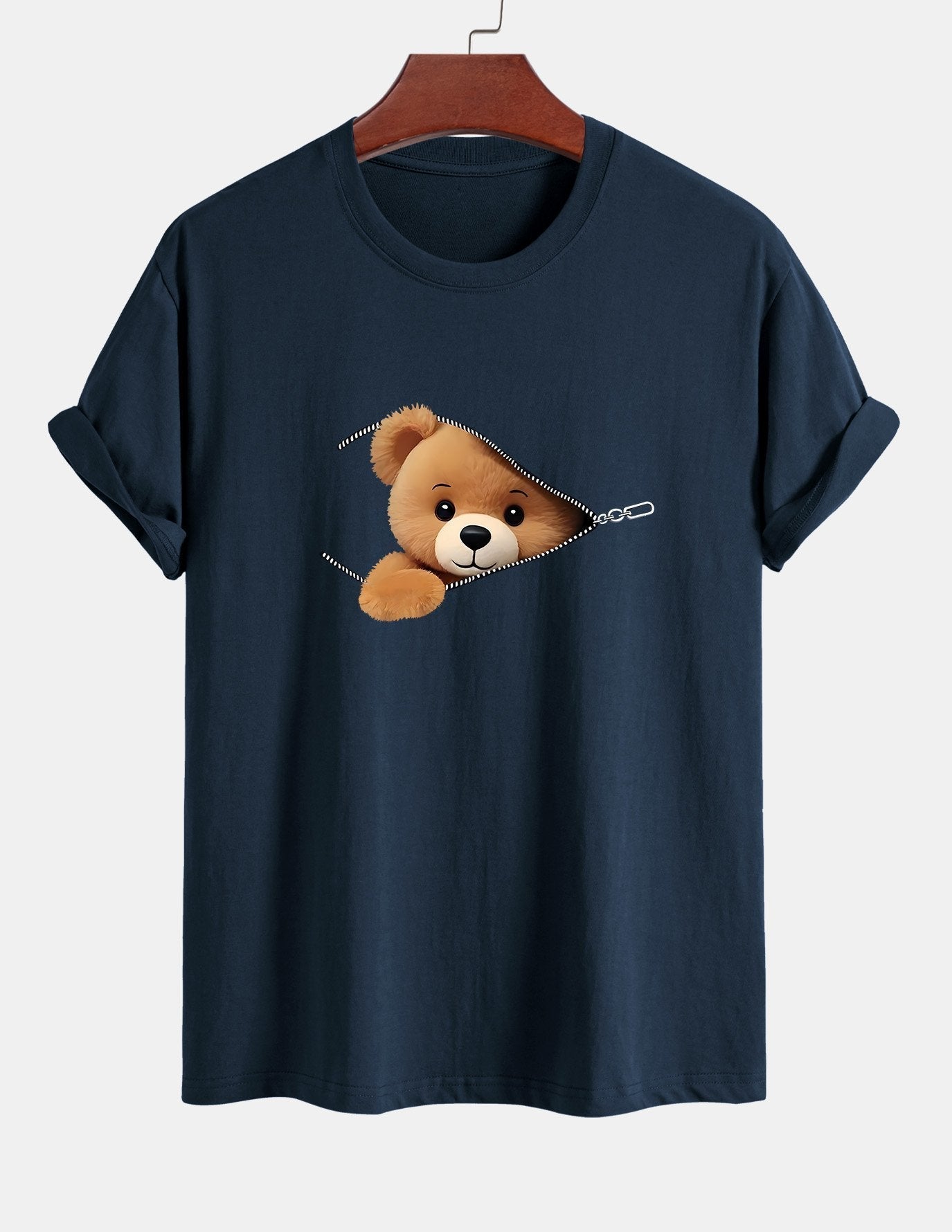 Klassiek katoenen T-shirt met ritssluiting en berenprint.