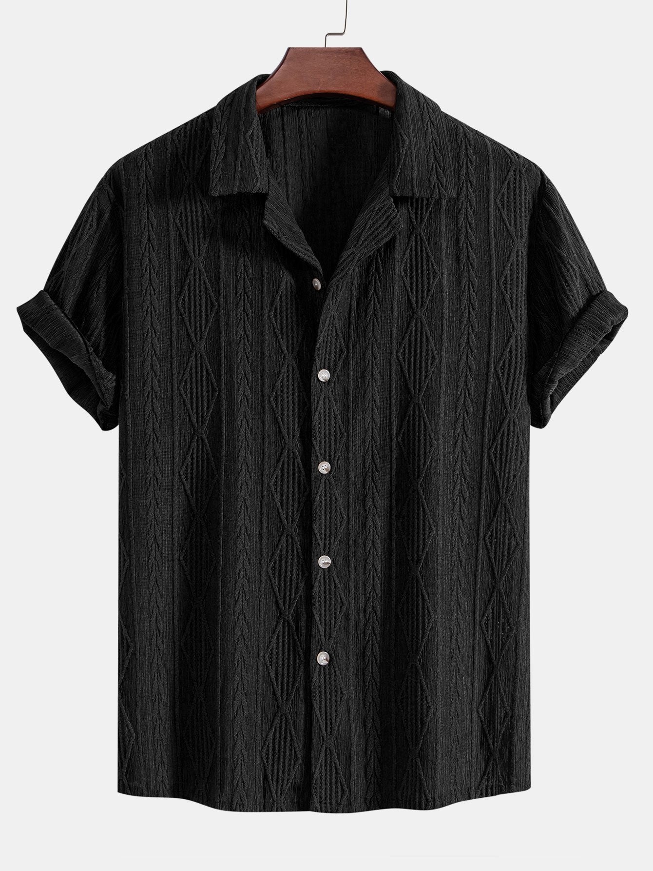Geometrisch jacquard Cubaans overhemd met rechte linnen broek