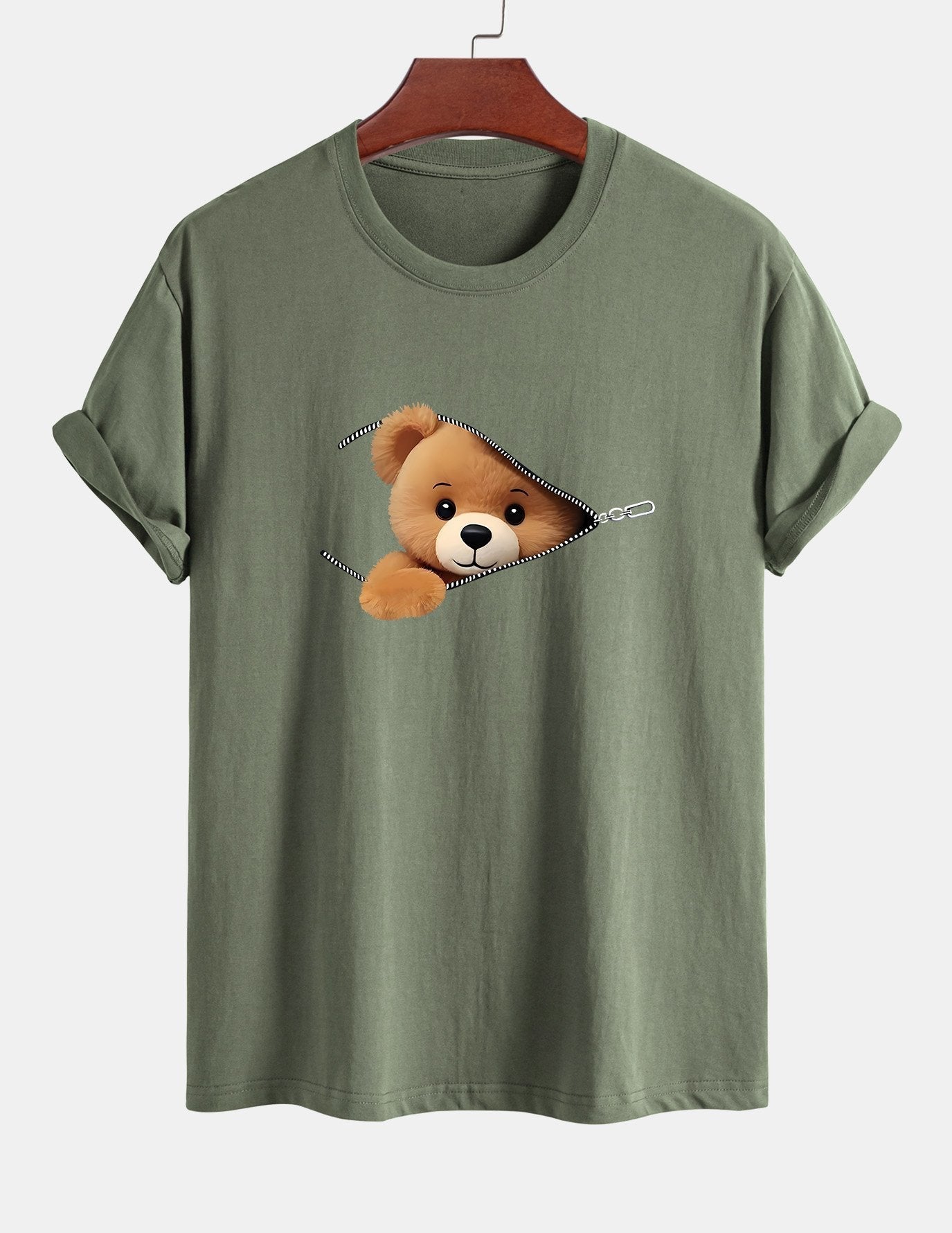 Klassiek katoenen T-shirt met ritssluiting en berenprint.
