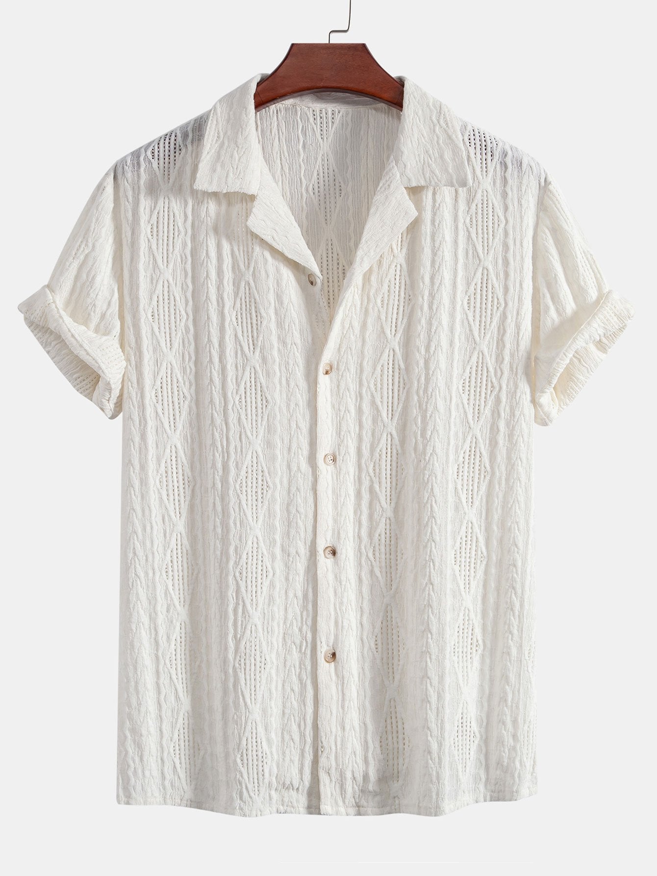 Geometrisch jacquard Cubaans overhemd met rechte linnen broek
