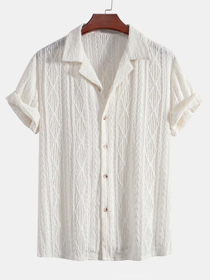 Geometrisch jacquard Cubaans overhemd met rechte linnen broek