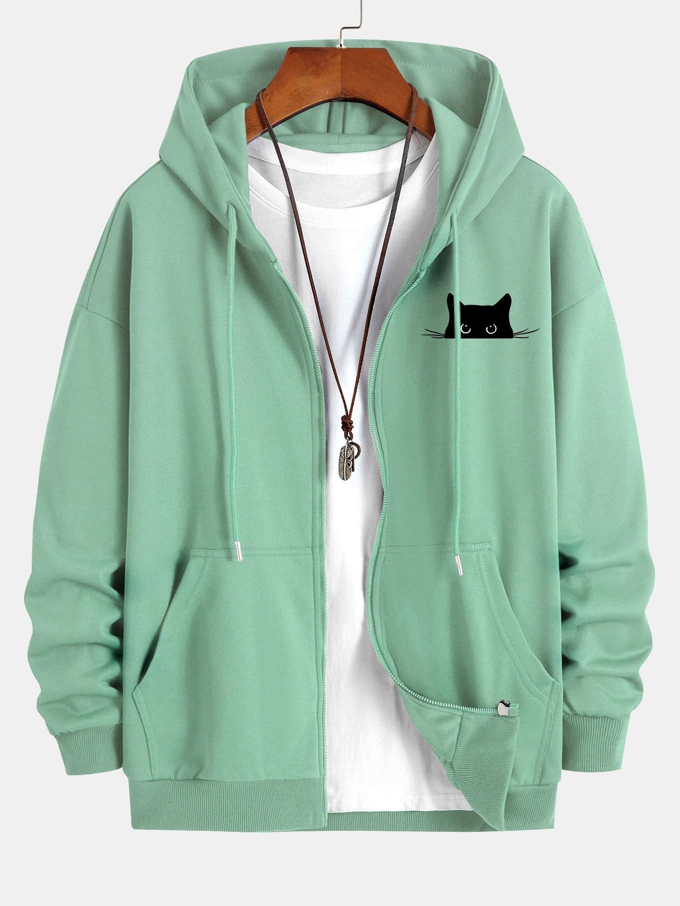 Hoodie met rits en relaxte pasvorm, met print van een zwarte kat.