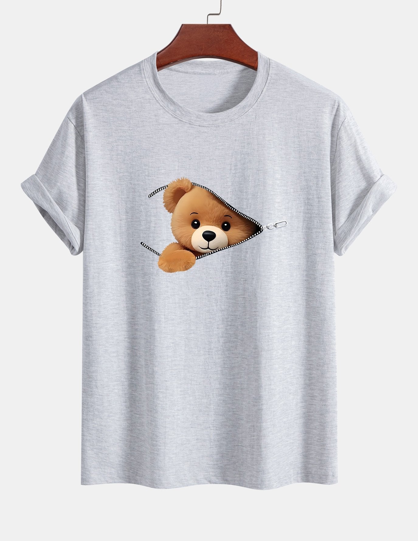 Klassiek katoenen T-shirt met ritssluiting en berenprint.
