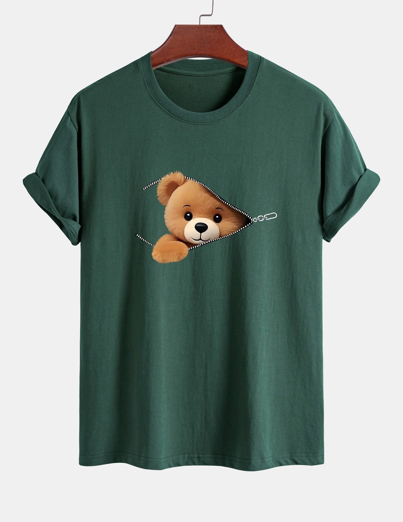 Klassiek katoenen T-shirt met ritssluiting en berenprint.