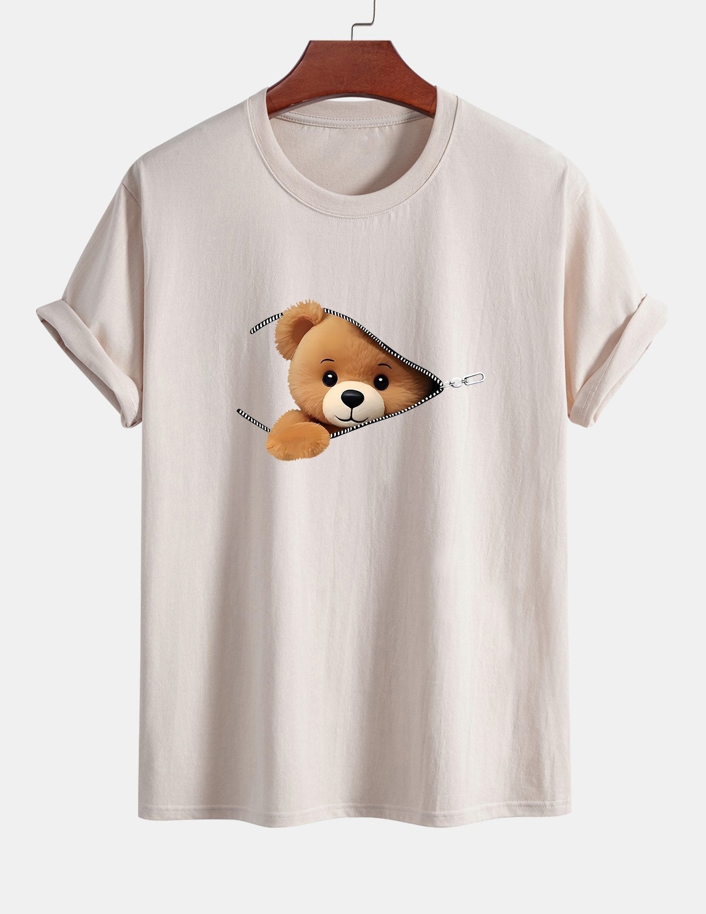 Klassiek katoenen T-shirt met ritssluiting en berenprint.