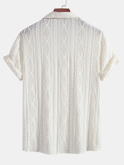 Geometrisch jacquard Cubaans overhemd met rechte linnen broek