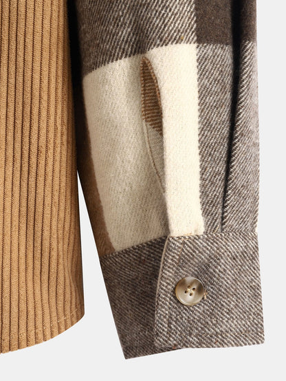 Comfortabele geruite flanellen hoodie met corduroy patchwork