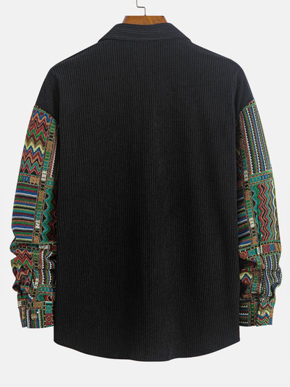 Relaxed Fit Etnisch Geometrisch Corduroy Patchwork Shirt - Uniek willekeurig patroonontwerp