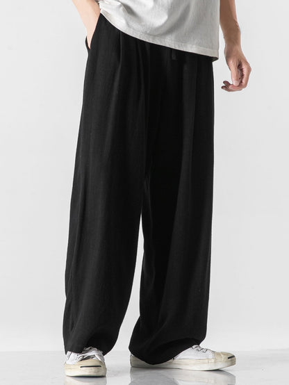 Relaxed Fit Wide Leg Pants in Linen-Cotton Blend