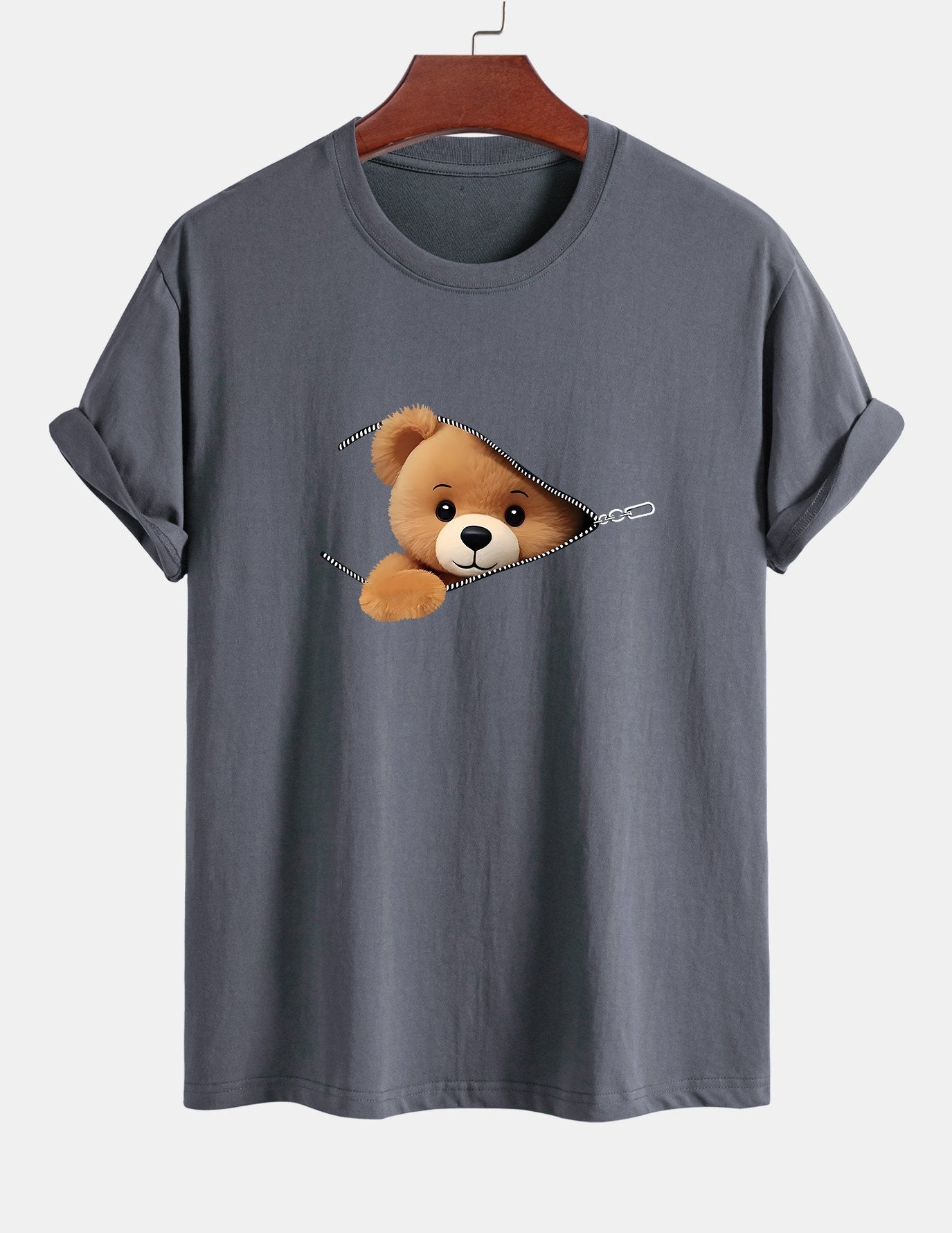 Klassiek katoenen T-shirt met ritssluiting en berenprint.